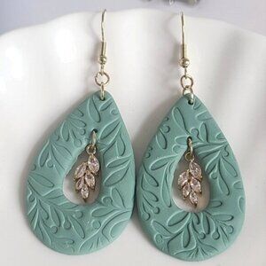 Boho Gold Plated Sage Green Leaf Pattern Crystal Clay Drop Dangle Earrings